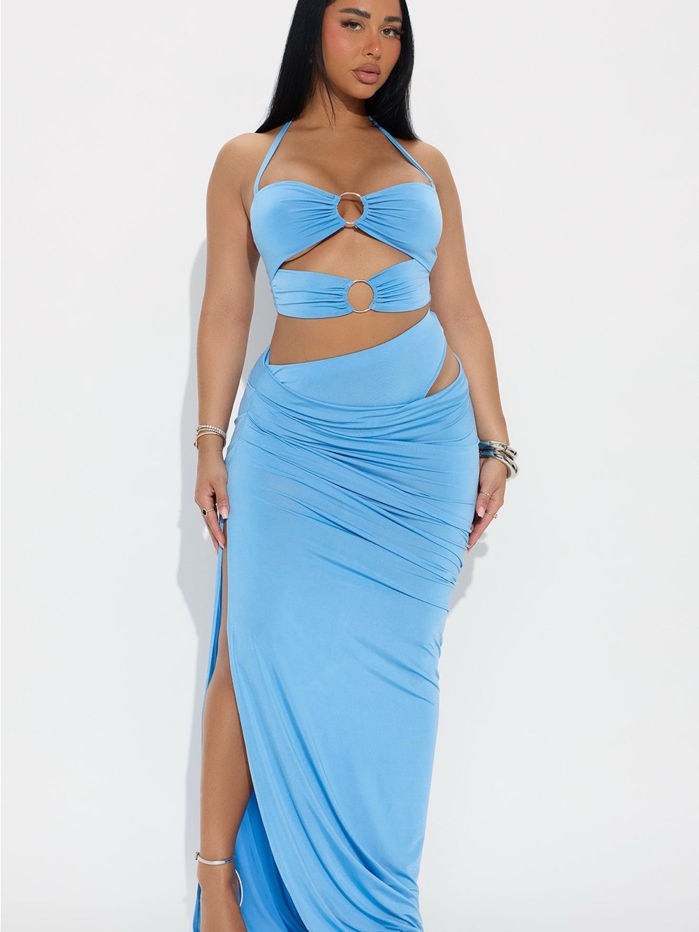 Fashion Nova Sky Blue Cutout Maxi Skirt with Ring Details